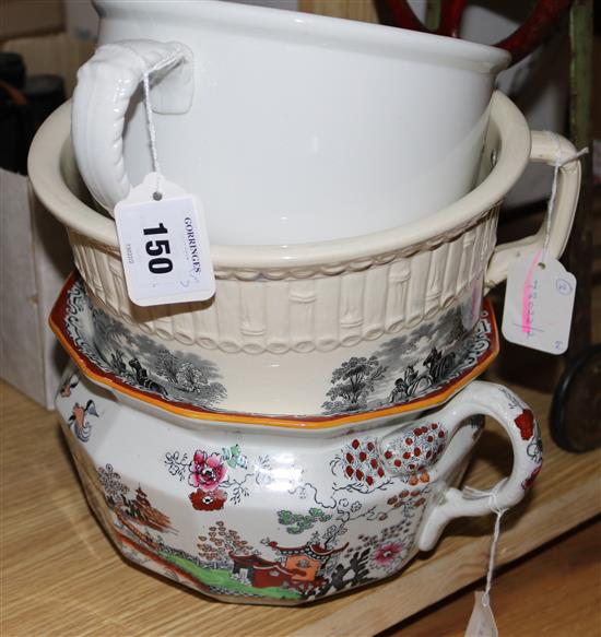 Minton Cunard white-glazed chamberpot, a Masons Ironstone pot and a Victorian chamberpot (a.f)